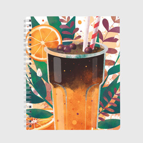 Тетрадь с принтом бодрящий коктейль в Курске, 100% бумага | 48 листов, плотность листов — 60 г/м2, плотность картонной обложки — 250 г/м2. Листы скреплены сбоку удобной пружинной спиралью. Уголки страниц и обложки скругленные. Цвет линий — светло-серый
 | апельсин | бодрость | витамины | коктейль | кофе | лето | напиток | яркий