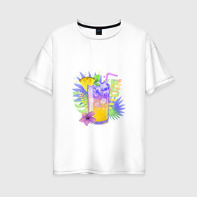 Женская футболка хлопок Oversize с принтом яркий напиток в Курске, 100% хлопок | свободный крой, круглый ворот, спущенный рукав, длина до линии бедер
 | ананас | еда | жара | коктейль | лето | напиток | пальмы. тропики | свежесть | фрукты