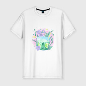 Мужская футболка хлопок Slim с принтом летний напиток в Курске, 92% хлопок, 8% лайкра | приталенный силуэт, круглый вырез ворота, длина до линии бедра, короткий рукав | еда | жара | коктейль | лайм | лед | лето | напиток | свежесть | фрукты | цветы