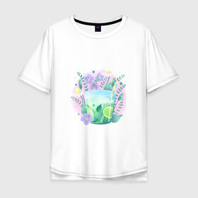Мужская футболка хлопок Oversize с принтом летний напиток в Курске, 100% хлопок | свободный крой, круглый ворот, “спинка” длиннее передней части | еда | жара | коктейль | лайм | лед | лето | напиток | свежесть | фрукты | цветы