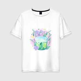 Женская футболка хлопок Oversize с принтом летний напиток в Курске, 100% хлопок | свободный крой, круглый ворот, спущенный рукав, длина до линии бедер
 | еда | жара | коктейль | лайм | лед | лето | напиток | свежесть | фрукты | цветы