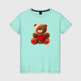 Женская футболка хлопок с принтом Медвежонок с сердечком в Курске, 100% хлопок | прямой крой, круглый вырез горловины, длина до линии бедер, слегка спущенное плечо | love is | teddy bear | valentines day | бабушка | валентинка | влюбленные | девушке | жена | лучшая | любимая | люблю | любовь | мама | медведь | медвежата | молодожены | подарок | романтика | свадебные | свадьба