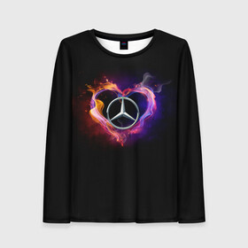 Женский лонгслив 3D с принтом Mercedes-Benz в Курске, 100% полиэстер | длинные рукава, круглый вырез горловины, полуприлегающий силуэт | amg | love mercedes | mercedes | mercedes в сердце | mercedes значок | mercedes лого | mercedes марка | амг | бенц | горящее сердце | лого автомобиля | логотип мерседес | люблю мерседес | мерин | мерс | мерседес | мерседес бенз
