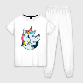 Женская пижама хлопок с принтом Единорог с карандашом в Курске, 100% хлопок | брюки и футболка прямого кроя, без карманов, на брюках мягкая резинка на поясе и по низу штанин | back to | creepy | cringe | cute | funny | horn | pencil | rainbow | school | schoolboy | unicorn | unicorns | в школу | милый | обучение | пегас | пони | радуга | рог | смешной | снова в школу | ученик | учитель | цвета радуги | школа | школ