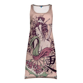 Платье-майка 3D с принтом Девушка с катаной в Курске, 100% полиэстер | полуприлегающий силуэт, широкие бретели, круглый вырез горловины, удлиненный подол сзади. | восточная  тема | иероглифы. | катана | япония | японка с катаной | японки