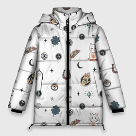 Женская зимняя куртка 3D с принтом Символы и знаки удачи в Курске, верх — 100% полиэстер; подкладка — 100% полиэстер; утеплитель — 100% полиэстер | длина ниже бедра, силуэт Оверсайз. Есть воротник-стойка, отстегивающийся капюшон и ветрозащитная планка. 

Боковые карманы с листочкой на кнопках и внутренний карман на молнии | всевидящее око глаз | глаза | глазки | завитки спиральки | звезды | знак | иконки | китайский | клевер | кость | кот | котёнок | котик. | кристал | лапка | луна | молния | оберег | перо | пёрышки | перья
