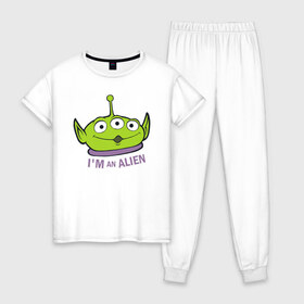 Женская пижама хлопок с принтом Im an alien в Курске, 100% хлопок | брюки и футболка прямого кроя, без карманов, на брюках мягкая резинка на поясе и по низу штанин | aliens | disney | pixar | toy story | vdkimel | дисней | инопланетяне | история игрушек | пиксар