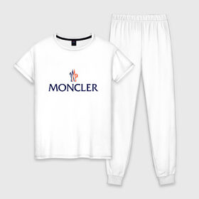Женская пижама хлопок с принтом MONCLER в Курске, 100% хлопок | брюки и футболка прямого кроя, без карманов, на брюках мягкая резинка на поясе и по низу штанин | mancler | mankler | moncler | monkler | манклер | мода | монклер | тренд | хайповый | шмот