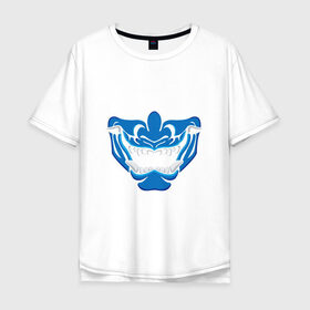 Мужская футболка хлопок Oversize с принтом Маска они в Курске, 100% хлопок | свободный крой, круглый ворот, “спинка” длиннее передней части | арт | белый | демон | ёкай | зубы | клыки | маска | маска они | они | оскал | рисунок | синий | япония | японская маска | японский демон