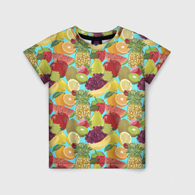 Детская футболка 3D с принтом Фрукты в Курске, 100% гипоаллергенный полиэфир | прямой крой, круглый вырез горловины, длина до линии бедер, чуть спущенное плечо, ткань немного тянется | fruct pattern | pattern | ананас | апельсин | арбуз | банан | виноград | груша | киви | клубника | лимон | листья | малина | натюрморт | патерн | паттерн | рисунок | фрукт | фруктовый паттерн | фрукты | фрукты фон