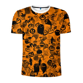 Мужская футболка 3D спортивная с принтом Halloween в Курске, 100% полиэстер с улучшенными характеристиками | приталенный силуэт, круглая горловина, широкие плечи, сужается к линии бедра | ведьма | кот | паттерн | паутина | привидение | призрак | скелет | тыква