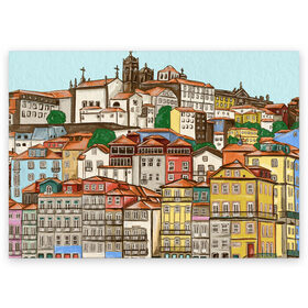 Поздравительная открытка с принтом Порту, Португалия, домики в Курске, 100% бумага | плотность бумаги 280 г/м2, матовая, на обратной стороне линовка и место для марки
 | city | old town | porto | portugal | город | город на холме | городской пейзаж | домики | оранжевые крыши | отпуск | порту | португалия | путешествие | старый город