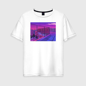 Женская футболка хлопок Oversize с принтом NFRNS -такты в Курске, 100% хлопок | свободный крой, круглый ворот, спущенный рукав, длина до линии бедер
 | графика | игра | компьютерная графика | неон | пейзаж | пиксели | пиксельный пейзаж | фиолетовый