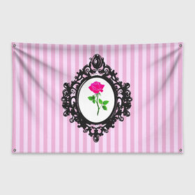 Флаг-баннер с принтом Роза в рамке в Курске, 100% полиэстер | размер 67 х 109 см, плотность ткани — 95 г/м2; по краям флага есть четыре люверса для крепления | классика | полоска | рамка | роза | розовый | черный
