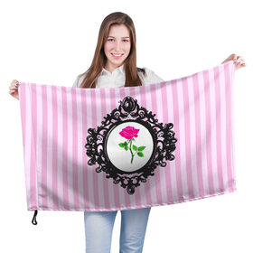 Флаг 3D с принтом Роза в рамке в Курске, 100% полиэстер | плотность ткани — 95 г/м2, размер — 67 х 109 см. Принт наносится с одной стороны | классика | полоска | рамка | роза | розовый | черный