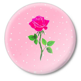 Значок с принтом Роза на розовом в Курске,  металл | круглая форма, металлическая застежка в виде булавки | женственно | красота | роза | розовый | снежинки | фуксия | цветок | шик
