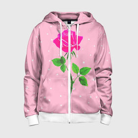Детская толстовка 3D на молнии с принтом Роза на розовом в Курске, 100% полиэстер |  манжеты и пояс оформлены широкой мягкой резинкой, двухслойный капюшон со шнурком для регулировки, спереди карманы и застежка-молния
 | женственно | красота | роза | розовый | снежинки | фуксия | цветок | шик