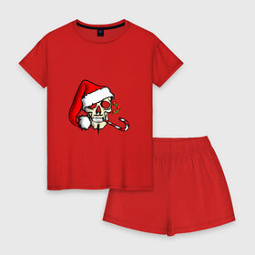 Женская пижама с шортиками хлопок с принтом Рождественский череп в Курске, 100% хлопок | футболка прямого кроя, шорты свободные с широкой мягкой резинкой | 