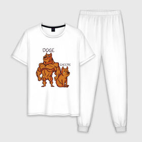 Мужская пижама хлопок с принтом Качок Доге и маленький Чимс в Курске, 100% хлопок | брюки и футболка прямого кроя, без карманов, на брюках мягкая резинка на поясе и по низу штанин
 | bodybuilder | cheems | chims | cool | cry | crying | doge | japan | japanese | little | meme | memes | power | powerful | shiba inu | small | крутой | мемас | мемчик | накаченный | песель | песик | плакса | плачет | порода | сиба ину | собак