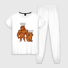 Женская пижама хлопок с принтом Качок Доге и маленький Чимс в Курске, 100% хлопок | брюки и футболка прямого кроя, без карманов, на брюках мягкая резинка на поясе и по низу штанин | bodybuilder | cheems | chims | cool | cry | crying | doge | japan | japanese | little | meme | memes | power | powerful | shiba inu | small | крутой | мемас | мемчик | накаченный | песель | песик | плакса | плачет | порода | сиба ину | собак