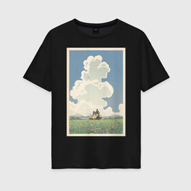 Женская футболка хлопок Oversize с принтом blue sky в Курске, 100% хлопок | свободный крой, круглый ворот, спущенный рукав, длина до линии бедер
 | весна | картинка | корея | лес | лето | машина | на каждый день | небо | облака | парень | поле | птицы | рисунок | токио | тоторо | фон | хаяо миядзаки | цветок | цветы | япония