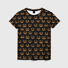 Женская футболка 3D с принтом Смайлик тыквы в Курске, 100% полиэфир ( синтетическое хлопкоподобное полотно) | прямой крой, круглый вырез горловины, длина до линии бедер | летучая мышь | праздник | смайлик | тыква | хэллоуин