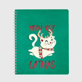 Тетрадь с принтом Meow-rry Catmas в Курске, 100% бумага | 48 листов, плотность листов — 60 г/м2, плотность картонной обложки — 250 г/м2. Листы скреплены сбоку удобной пружинной спиралью. Уголки страниц и обложки скругленные. Цвет линий — светло-серый
 | 2021 | cat | catmas | christmas | happy new year | merry christmas | new year | кот | котейка | котики | новый год | праздник | рождество