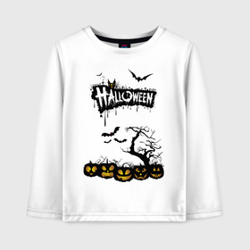 Детский лонгслив хлопок с принтом HALLOWEEN в Курске, 100% хлопок | круглый вырез горловины, полуприлегающий силуэт, длина до линии бедер | bones | ghost | halloween | pumpkin | skull | кости | летучие мыши | приведение | призрак | скелет | тыква | хеллоуин | хоррор | хэллоуин