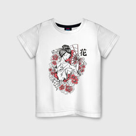 Детская футболка хлопок с принтом Гейша в Курске, 100% хлопок | круглый вырез горловины, полуприлегающий силуэт, длина до линии бедер | Тематика изображения на принте: geisha | japan | веер | девушка | женщина | иероглиф | иероглифы | кимоно | рисунок | сакура | цветочки | цветы | япония | японка
