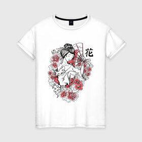 Женская футболка хлопок с принтом Гейша в Курске, 100% хлопок | прямой крой, круглый вырез горловины, длина до линии бедер, слегка спущенное плечо | geisha | japan | веер | девушка | женщина | иероглиф | иероглифы | кимоно | рисунок | сакура | цветочки | цветы | япония | японка