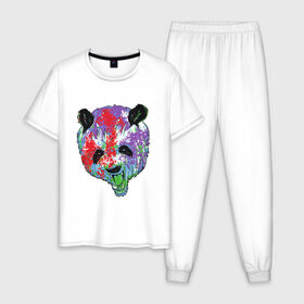 Мужская пижама хлопок с принтом Панда в Курске, 100% хлопок | брюки и футболка прямого кроя, без карманов, на брюках мягкая резинка на поясе и по низу штанин
 | animal | animals | australia | bear | paint | panda | panda bear | австралия | голова | голова панды | животное | зубы | клыки | краска | краски | медведь | медведь панда | панда | пандочка | природа | рисунок