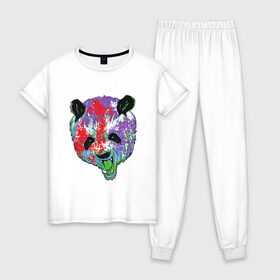 Женская пижама хлопок с принтом Панда в Курске, 100% хлопок | брюки и футболка прямого кроя, без карманов, на брюках мягкая резинка на поясе и по низу штанин | animal | animals | australia | bear | paint | panda | panda bear | австралия | голова | голова панды | животное | зубы | клыки | краска | краски | медведь | медведь панда | панда | пандочка | природа | рисунок
