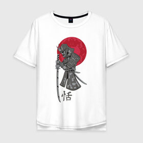 Мужская футболка хлопок Oversize с принтом Самурай в Курске, 100% хлопок | свободный крой, круглый ворот, “спинка” длиннее передней части | japan | katana | moon | samurai | воин | воин самурай | доспехи | доспехи самурая | иероглиф | иероглифы | ироглиф | катана | луна | меч | нагабакама | рисунок | самурай | самурайское кимоно | солнце | хакама