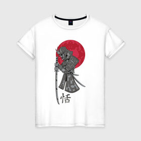 Женская футболка хлопок с принтом Самурай в Курске, 100% хлопок | прямой крой, круглый вырез горловины, длина до линии бедер, слегка спущенное плечо | japan | katana | moon | samurai | воин | воин самурай | доспехи | доспехи самурая | иероглиф | иероглифы | ироглиф | катана | луна | меч | нагабакама | рисунок | самурай | самурайское кимоно | солнце | хакама