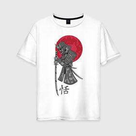 Женская футболка хлопок Oversize с принтом Самурай в Курске, 100% хлопок | свободный крой, круглый ворот, спущенный рукав, длина до линии бедер
 | japan | katana | moon | samurai | воин | воин самурай | доспехи | доспехи самурая | иероглиф | иероглифы | ироглиф | катана | луна | меч | нагабакама | рисунок | самурай | самурайское кимоно | солнце | хакама