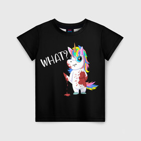 Детская футболка 3D с принтом What Unicorn в Курске, 100% гипоаллергенный полиэфир | прямой крой, круглый вырез горловины, длина до линии бедер, чуть спущенное плечо, ткань немного тянется | cat | halloween | rainbow | unicorn | what | единорог | единорожек | кот | нож | пушистый | радуга | радужный | хэллоуин | что