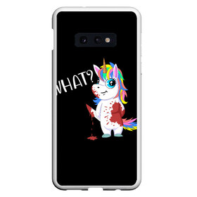 Чехол для Samsung S10E с принтом What Unicorn в Курске, Силикон | Область печати: задняя сторона чехла, без боковых панелей | Тематика изображения на принте: cat | halloween | rainbow | unicorn | what | единорог | единорожек | кот | нож | пушистый | радуга | радужный | хэллоуин | что