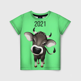 Детская футболка 3D с принтом Год быка в Курске, 100% гипоаллергенный полиэфир | прямой крой, круглый вырез горловины, длина до линии бедер, чуть спущенное плечо, ткань немного тянется | Тематика изображения на принте: 2021 | бычок | год быка | гороскоп | маленький бычок. | телёнок