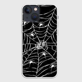 Чехол для iPhone 13 mini с принтом Паутина с пауками в Курске,  |  | black and white | darkness | halloween | horror | night | spider | web | готика | жуки | жуткий | мальчикам | насекомые | нечисть | нити | ночные | ночь | пауки | паутина | подарок | сетка | страшный | темный | тьма | хеллоуин | хоррор