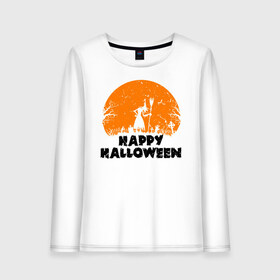 Женский лонгслив хлопок с принтом Happy Halloween в Курске, 100% хлопок |  | 31 октября | halloween | halowen | ведьма | день всех святых | джек | костюм | кровь | лого | монстр | надпись | праздник | приведение | призрак | светильник | символ | страшная | тыква | ужасы | хеллоуин | хеллуин
