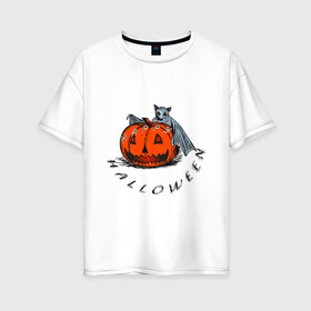 Женская футболка хлопок Oversize с принтом Bat and pumpkin-still life в Курске, 100% хлопок | свободный крой, круглый ворот, спущенный рукав, длина до линии бедер
 | helloween | день всех святых | летучая мышь | тыква | хеллуин