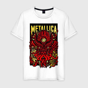 Мужская футболка хлопок с принтом Metallica в Курске, 100% хлопок | прямой крой, круглый вырез горловины, длина до линии бедер, слегка спущенное плечо. | fangs | group | horns | metallica | neon | octopus | thrash metal | группа | клыки | неон | рога | спрут | трэш металл