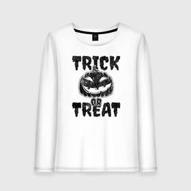 Женский лонгслив хлопок с принтом Trick or treat в Курске, 100% хлопок |  | 31 октября | halloween | halowen | ведьма | день всех святых | джек | костюм | кровь | лого | монстр | надпись | праздник | приведение | призрак | светильник | символ | страшная | тыква | ужасы | хеллоуин | хеллуин