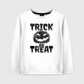 Детский лонгслив хлопок с принтом Trick or treat в Курске, 100% хлопок | круглый вырез горловины, полуприлегающий силуэт, длина до линии бедер | 31 октября | halloween | halowen | ведьма | день всех святых | джек | костюм | кровь | лого | монстр | надпись | праздник | приведение | призрак | светильник | символ | страшная | тыква | ужасы | хеллоуин | хеллуин