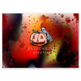 Поздравительная открытка с принтом Bat and pumpkin в Курске, 100% бумага | плотность бумаги 280 г/м2, матовая, на обратной стороне линовка и место для марки
 | halloween | hallowen | halowen | helloween | день всех святых | летучая мышь | тыква | халовен | халовин | хеллуин | хеловин