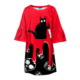 Детское платье 3D с принтом WHAT CAT в Курске, 100% полиэстер | прямой силуэт, чуть расширенный к низу. Круглая горловина, на рукавах — воланы | art | black | black cat | cat | dark | dark cat | halloween | what | what cat | what mem | арт | кот | кот арт | кот мем | мем | нож | праздник | прикол | прикольный кот | убица | хэллоуин | чёрный | чёрный кот | что | что мем