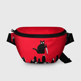 Поясная сумка 3D с принтом WHAT CAT в Курске, 100% полиэстер | плотная ткань, ремень с регулируемой длиной, внутри несколько карманов для мелочей, основное отделение и карман с обратной стороны сумки застегиваются на молнию | art | black | black cat | cat | dark | dark cat | halloween | what | what cat | what mem | арт | кот | кот арт | кот мем | мем | нож | праздник | прикол | прикольный кот | убица | хэллоуин | чёрный | чёрный кот | что | что мем