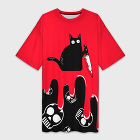 Платье-футболка 3D с принтом WHAT CAT в Курске,  |  | art | black | black cat | cat | dark | dark cat | halloween | what | what cat | what mem | арт | кот | кот арт | кот мем | мем | нож | праздник | прикол | прикольный кот | убица | хэллоуин | чёрный | чёрный кот | что | что мем