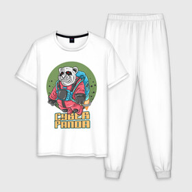 Мужская пижама хлопок с принтом Кибер Панда в Курске, 100% хлопок | брюки и футболка прямого кроя, без карманов, на брюках мягкая резинка на поясе и по низу штанин
 | art | bear | costume | cyber | drawing | jetpack | panda | planet | арт | кибер | костюм | медведь | панда | планета | реактивный ранец | рисунок