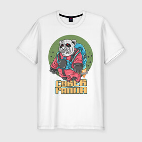 Мужская футболка хлопок Slim с принтом Кибер Панда в Курске, 92% хлопок, 8% лайкра | приталенный силуэт, круглый вырез ворота, длина до линии бедра, короткий рукав | art | bear | costume | cyber | drawing | jetpack | panda | planet | арт | кибер | костюм | медведь | панда | планета | реактивный ранец | рисунок